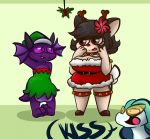  1-upclock 2018 3_toes 4_fingers animal_genitalia anthro antlers balls bell belt big_balls big_breasts black_hair blush breasts brown_eyes cervine christmas claws cleavage clothed clothing collar deerling digital_media_(artwork) dragon dress eyelashes fake_antlers female flora_fauna flower fluffy fluffy_ears fluffy_tail flygon frill girly hair holidays holly_(plant) hooves horae_deerling horn huge_balls invalid_tag kobold lizard male male/female mammal nintendo plant plūm_rhazin pok&eacute;mon pok&eacute;mon_(species) pok&eacute;morph purple_eyes reptile scalie short_stack skyla_the_flygon text thick_thighs toe_claws toes video_games wide_hips winter_deerling 