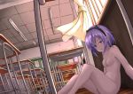  bangs breasts ceiling ceiling_light chair classroom closed_mouth collarbone commentary_request curtains dark_skin desk dutch_angle eyebrows_visible_through_hair fate/prototype fate/prototype:_fragments_of_blue_and_silver fate_(series) hair_between_eyes hassan_of_serenity_(fate) indoors looking_at_viewer motion_blur navel nipples nude petals purple_eyes purple_hair pussy school school_chair school_desk sitting small_breasts solo thighhighs tile_ceiling tiles window ying_yue_(sarah22108) 