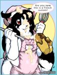  2018 anthro apron black_fur black_hair breasts brown_fur cat chef_hat clothed clothing dialogue disembodied_hand english_text feline female fur hair hat mammal o-kemono one_eye_closed pastry pussycat red_eyes slightly_chubby solo text under_boob whisk white_fur 