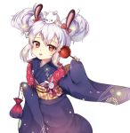  animal animal_ears animal_on_head azur_lane bangs blue_kimono bow bunny_ears candy_apple closed_mouth double_bun echu eyebrows_visible_through_hair fingernails floral_print food hair_between_eyes hair_bow hair_ornament highres holding holding_food japanese_clothes kimono kinchaku laffey_(azur_lane) long_sleeves obi on_head pinching_sleeves pouch print_kimono red_bow red_eyes sash side_bun sidelocks silver_hair simple_background sleeves_past_wrists solo tongue tongue_out white_background wide_sleeves 