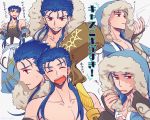  bare_shoulders black_gloves blue_capelet blue_hair blush bridal_gauntlets capelet cigarette closed_eyes collarbone commentary_request crystal_earrings cu_chulainn_(fate/grand_order) earrings elbow_gloves facing_viewer fate/grand_order fate_(series) fur_trim gloves grin highres holding holding_staff jewelry lancer long_hair looking_at_viewer looking_to_the_side mori_goma multiple_views red_eyes smile smoke smoking staff sweatdrop twitter_username white_background 