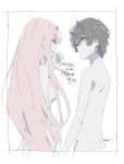  1girl bangs black_hair blue_eyes blue_horns breasts closed_eyes commentary_request couple darling_in_the_franxx hetero highres hiro_(darling_in_the_franxx) horns long_hair md5_mismatch medium_breasts nude oni_horns pink_hair red_horns taisos zero_two_(darling_in_the_franxx) 