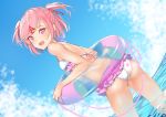  :d ass bikini blue_sky breasts cloud commentary day doki_doki_literature_club dutch_angle english_commentary fang frilled_bikini frills from_behind hair_ribbon innertube looking_at_viewer looking_back natsuki_(doki_doki_literature_club) open_mouth outdoors pink_eyes pink_hair red_ribbon ribbon short_hair sky small_breasts smile solo swimsuit two_side_up wading water white_bikini xhunzei 