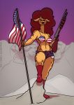 2018 absurd_res anthro big_breasts big_lips bikini breasts clothed clothing crayzee609 detailed_background digital_media_(artwork) female flag giraffe gloria_(crayzee609) gun hair hi_res holding_object holding_weapon lips lipstick long_hair looking_at_viewer makeup mammal mount_rushmore outside ranged_weapon shorts shotgun smile solo standing stars_and_stripes swimsuit tattoo united_states_of_america weapon 