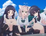  :d ahoge animal_ears antenna_hair bag bangs bike_shorts black_legwear black_shorts black_skirt blue_sky blurry blurry_background bow bowtie breasts brown_eyes brown_footwear brown_hair cat_ears cellphone cloud collarbone collared_shirt crossed_arms crossed_legs day depth_of_field dress_shirt eyebrows_visible_through_hair fang food food_in_mouth green_eyes green_neckwear hair_between_eyes hair_flaps hair_intakes hair_ornament hairband holding holding_cellphone holding_food holding_phone kneehighs kuranami_shiki large_breasts light_brown_hair loafers long_hair multiple_girls natsuki_teru nekomiya_ryuu open_mouth original outdoors phone pleated_skirt popsicle red_eyes school_bag school_uniform shikibe_ayaka shirt shoes short_shorts short_sleeves shorts sidelocks signature skirt sky smile squatting thick_eyebrows v-shaped_eyebrows very_long_hair white_shirt 