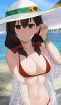  artist_name beach bikini black_hair blue_sky bow breasts cleavage commentary day english_commentary eyebrows_visible_through_hair flower hair_between_eyes hair_bow hair_tucking hat hat_flower highres horizon jewelry kono_subarashii_sekai_ni_shukufuku_wo! large_breasts looking_at_viewer low_twintails medium_hair navel necklace off_shoulder outdoors red_bikini red_eyes sendrawz sky solo sun_hat sunflower sunlight swimsuit twintails wristband yunyun_(konosuba) 