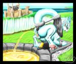  2018 butt detailed_background dragon female feral forced fur furred_dragon horn hyruzon looking_at_viewer looking_back nude open_mouth outside pawpads peeing presenting pussy rear_view sky solo urine urine_pool watersports white_fur 