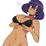  1girl aipiepo black_bra blue_hair blush bottomless bra breast_hold breasts cleavage dark_skin embarrassed groin large_breasts navel out-of-frame_censoring pokemon pokemon_(game) pout short_hair sigh sina_(pokemon) solo 
