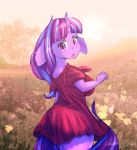  2018 alternate_hairstyle anthro big_breasts blush breasts butt clothed clothing cutie_mark dress equine eyebrows eyelashes female field floppy_ears flower friendship_is_magic hair hi_res horn looking_at_viewer looking_back mammal meadow multicolored_hair my_little_pony open_mouth plant portrait purple_eyes purple_hair rear_view side_boob signature sky solo standing starlight_glimmer_(mlp) thick_thighs three-quarter_portrait tongue tree two_tone_hair unicorn woofmaple 