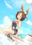  animal_ears armpits ass azur_lane blue_legwear brown_eyes brown_hair bunny_ears bunny_tail centi_mnkt cloud commentary_request day detached_collar from_behind i-26_(azur_lane) kneehighs looking_back ocean one-piece_swimsuit open_mouth sailor_collar school_swimsuit short_hair sitting sky solo stirrup_legwear straddling strapless strapless_swimsuit submarine swimsuit tail toeless_legwear toes water watercraft 