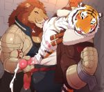  2018 anthro big_muscles chest_tuft clothed clothing feline fur giraffe_(artist) lam-chan lion lion-san male male/male mammal muscular muscular_male nipple_play nipple_suck pecs stripes sucking tiger tuft 