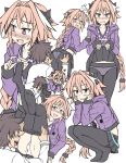  &gt;_&lt; animal_hood astolfo_(fate) black_legwear blush braid braided_ponytail bulge bunny_hood crossdressing faceless faceless_male fang fate/grand_order fate_(series) feet fujimaru_ritsuka_(male) hood hoodie male_focus multiple_boys otoko_no_ko panties pantyhose pantyhose_pull peach_(momozen) pink_eyes pink_hair single_braid skirt skirt_lift squatting underwear white_panties yaoi 