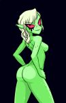  2018 alien black_background breasts butt digital_media_(artwork) eyeshadow female flowerimh freckles green_skin hair hands_on_hip humanoid looking_at_viewer looking_back lord_dominator makeup not_furry nude pose rear_view red_sclera simple_background smile solo standing wander_over_yonder wet white_hair 