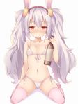  :&lt; areolae arm_at_side ass_visible_through_thighs azur_lane bangs bikini blush bottle commentary_request eyebrows_visible_through_hair flat_chest front-tie_bikini front-tie_top full_body grey_background hair_between_eyes holding holding_bottle laffey_(azur_lane) lavender_hair long_hair looking_at_viewer navel no_shoes nose_blush parted_lips pink_eyes pink_legwear red_eyes see-through side-tie_bikini silver_hair simple_background sitting solo string_bikini swimsuit thighhighs tiger_rmn triangle_mouth twintails very_long_hair wariza white_bikini 