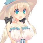  bangs bare_shoulders black_ribbon blonde_hair blue_eyes blush bow breasts cleavage commentary_request dress hair_between_eyes hair_ribbon hat large_breasts long_hair low_twintails mutsuno_hekisa open_mouth original ribbon solo twintails 