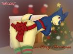  2018 anthro big_breasts breasts butt christmas christmas_lights christmas_ornament christmas_tree clothed clothing digital_media_(artwork) english_text female hi_res holidays legwear looking_at_viewer looking_back nintendo open_mouth open_smile pok&eacute;mon pok&eacute;mon_(species) rear_view red_eyes ribbons skimpy smile solo star text thigh_highs tongue torgore tree typhlosion video_games 