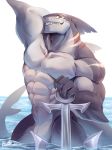  abs anchor anthro biceps dorsal_fin featureless_crotch fin fish flexing gills hand_behind_head head_fin looking_at_viewer male marine muscular muscular_male navel partially_submerged pecs rabbity shark shark_tail smile solo standing teeth yellow_eyes 