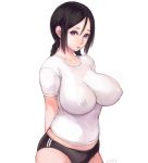  arms_behind_back black_hair braid breasts buruma covered_nipples gym_uniform impossible_clothes impossible_shirt large_breasts looking_at_viewer original purple_eyes shirt shu-mai simple_background solo twin_braids white_background 