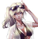  adjusting_eyewear blonde_hair blue_eyes breasts cleavage collarbone commentary_request ekdekd789 eyebrows_visible_through_hair eyewear_on_head front-tie_bikini front-tie_top highres korean_commentary long_hair original solo swimsuit swimsuit_under_clothes upper_body white_background 