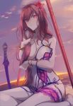  ashita_kura bad_id bad_twitter_id bare_shoulders beach bikini blush breasts commentary fate/grand_order fate_(series) hair_censor hair_ornament highres large_breasts red_eyes red_hair scathach_(fate)_(all) scathach_(swimsuit_assassin)_(fate) sitting solo sunset swimsuit thigh_strap wardrobe_malfunction yokozuwari 