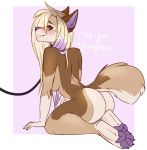  2018 4_toes anthro blonde_hair brown_fur canine detailed_background digital_media_(artwork) dog ei-ka female fur green_eyes hair kneeling leash mammal nude smile solo tan_fur toes 