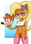  2018 5_fingers anthro bandicoot bedroom_eyes blonde_hair blue_eyes bottomless breasts clothed clothing coco_bandicoot crash_bandicoot_(series) digital_media_(artwork) female flower fur hair half-closed_eyes hi_res holding_object legwear long_hair looking_at_viewer mammal marsupial midriff navel open_mouth orange_fur plant pubes pussy seductive solo standing tataporn thigh_highs under_boob video_games 