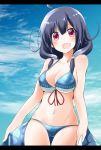  ass_visible_through_thighs bikini bikini_day blue_bikini blue_sky breasts cloud cloudy_sky collarbone commentary_request day hair_flaps highres kantai_collection large_breasts looking_at_viewer low_twintails open_mouth outdoors pia_(botamochinjufu) purple_hair red_eyes sarong sky smile solo swimsuit taigei_(kantai_collection) twintails 