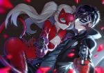  1girl aiming_at_viewer amamiya_ren arm_around_waist ass black_hair black_jacket blonde_hair blue_eyes breasts cat_mask cat_tail cleavage commentary dark_background fake_tail gloves gun handgun jacket mask medium_breasts parted_lips persona persona_5 popped_collar smile tail takamaki_anne twintails weapon yorukun zipper 