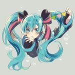  absurdres blue_eyes blue_hair blue_nails blush detached_sleeves eyelashes fingernails floating_hair graphite_(medium) grey_background hair_ribbon hand_on_own_chin hatsune_miku heart highres long_hair nail_polish pennant ribbon simple_background solo string_of_flags traditional_media twintails upper_body vocaloid yuya_kyoro 