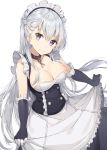  apron azur_lane bangs bare_shoulders belfast_(azur_lane) black_dress black_gloves braid breasts broken broken_chain chain cleavage closed_mouth collarbone commentary dress elbow_gloves eyebrows_visible_through_hair frilled_apron frills gloves hair_between_eyes head_tilt highres large_breasts maid_headdress purple_eyes revision rikoma silver_hair simple_background sleeveless sleeveless_dress smile solo waist_apron white_apron white_background 