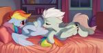  2018 bed blush cutie_mark duo equine feathered_wings feathers female feral fleetfoot_(mlp) friendship_is_magic hair half-closed_eyes hi_res inside lying mammal multicolored_hair my_little_pony on_bed oral pegasus pillow pussy rainbow_dash_(mlp) rainbow_hair sex tongue tongue_out vistamage window wings wonderbolts_(mlp) 