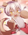  animal_ears artist_name blush eyebrows_visible_through_hair fangs furry highres long_hair looking_at_viewer made_in_abyss nanachi_(made_in_abyss) nickniceth open_mouth signature smile solo teeth upper_body white_hair yellow_eyes 