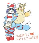  2018 anthro black_nose blue_fur blush breasts canine christmas claws cleavage clothed clothing female fox fox_mccloud fur green_eyes hair hat holidays krystal legwear licking licking_lips male mammal moriguru nintendo open_mouth santa_hat simple_background star_fox thick_thighs tongue tongue_out video_games wide_hips 