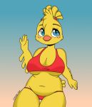  &lt;3 &lt;3_eyes avian beak bikini bird blonde_hair blue_background blue_eyes breasts chicken closed_smile clothing coffee-pup ettie feathers female fifa gradient_background hair navel pink_background red_bikini simple_background swimsuit yellow_feathers 