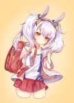  absurdres animal_ears azur_lane backpack bag bangs bare_shoulders bunny_ears camisole collarbone cropped_legs echu eyebrows_visible_through_hair fingernails gradient gradient_background hair_between_eyes hair_ornament hairband highres holding holding_hair jacket laffey_(azur_lane) leaning_to_the_side long_hair long_sleeves looking_at_viewer off_shoulder open_clothes open_jacket orange_background pink_jacket pleated_skirt randoseru red_eyes red_hairband red_skirt silver_hair skirt solo twintails white_camisole wide_sleeves 