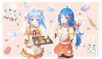  ahoge alternate_eye_color apron baking_sheet bili_girl_22 bili_girl_33 bilibili_douga blue_hair blush breasts carminar closed_mouth collarbone cupcake doughnut eyebrows_visible_through_hair food food_request fork hair_ornament heart highres ladle long_hair looking_at_viewer medium_breasts multiple_girls one_eye_closed oven_mitts pink_eyes play_button rolling_pin short_hair smile spatula spoon sunny_side_up_egg tongue tongue_out whisk 