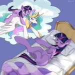  2018 bed bedding blanket blue_background blush crown crying cute dream equine eyebrows eyelashes eyes_closed feathered_wings feathers female feral friendship_is_magic hair headboard hi_res hooves horn inside jus+ice larger_female long_hair lying mammal multicolored_hair my_little_pony navel nude on_back on_bed on_top open_mouth open_smile pillow princess_celestia_(mlp) purple_eyes purple_feathers rainbow_hair riding royalty signature simple_background size_difference sleeping smile solo tears thought_bubble tongue twilight_sparkle_(mlp) white_feathers winged_unicorn wings 