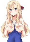  absurdres bangs bare_arms bare_shoulders between_breasts black_bow blonde_hair blue_eyes blue_swimsuit blush bow braid breasts breasts_outside casual_one-piece_swimsuit closed_mouth clothes_between_breasts collarbone commentary_request covering covering_breasts eyebrows_visible_through_hair hair_between_eyes hair_bow head_tilt high_school_fleet highres kapatarou large_breasts long_hair looking_at_viewer one-piece_swimsuit side_braid simple_background single_braid solo swimsuit upper_body very_long_hair white_background wilhelmina_braunschweig_ingenohl_friedeburg 