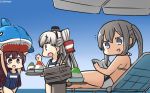  :d amatsukaze_(kantai_collection) blonde_hair blue_swimsuit commentary dated food graf_zeppelin_(kantai_collection) hair_between_eyes hair_tubes hamu_koutarou highres kamikaze_(kantai_collection) kantai_collection long_hair multiple_girls no_hat no_headwear one-piece_swimsuit open_mouth parasol purple_eyes purple_hair rensouhou-kun school_swimsuit shaved_ice sidelocks silver_hair smile swimsuit twintails two_side_up umbrella v-shaped_eyebrows windsock 