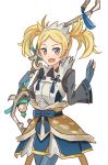  blonde_hair blue_bow blue_eyes blue_gloves bow bow_(weapon) commentary_request cosplay fire_emblem fire_emblem:_kakusei fire_emblem_heroes fire_emblem_if fur_trim gloves holding holding_bow_(weapon) holding_weapon hraaat liz_(fire_emblem) long_sleeves open_mouth partly_fingerless_gloves setsuna_(fire_emblem_if) setsuna_(fire_emblem_if)_(cosplay) simple_background solo twintails weapon white_background 