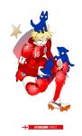  2018_fifa_world_cup :d animal animal_on_head armor armored_boots armored_dress blonde_hair boots cleats closed_eyes daibajoujisan england english_flag fang full_body nike number on_head open_mouth pauldrons red_legwear short_hair simple_background smile soccer star white_background white_footwear world_cup 