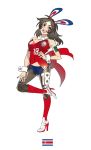  2018_fifa_world_cup :d armband black_hair black_legwear breasts brown_eyes cleavage costa_rica costa_rican_flag covered_navel daibajoujisan fishnet_pantyhose fishnets full_body hand_on_hip high_heels long_hair looking_at_viewer new_balance open_mouth pantyhose simple_background smile soccer solo white_background world_cup wrist_cuffs 