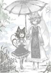  animal_ears cat_ears cat_tail chen commentary_request earrings fox_tail greyscale hat jewelry lowres monochrome multiple_girls multiple_tails rain shared_umbrella smile tail touhou two_tails umbrella yakumo_ran yt_(wai-tei) 