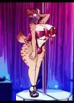  anthro big_breasts blush breasts bulge clothed clothing collar dickgirl dracojeff hyena intersex mammal pole ribbons skimpy solo stripper_pole thick_thighs voluptuous wide_hips 