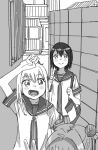  :d akaza_akari arm_over_head arm_up bag blush_stickers building closed_mouth collarbone double_bun dress eyebrows_visible_through_hair funami_yui greyscale hair_bun hair_intakes hand_on_hip hand_up hands_up long_hair looking_at_viewer monochrome multiple_girls nanamori_school_uniform open_mouth outdoors pleated_dress sailor_collar sailor_dress school_bag school_uniform serafuku short_hair shoulder_bag smile standing tareme toshinou_kyouko uuo v yuru_yuri 