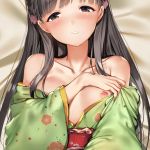  bangs bare_shoulders bed_sheet black_hair blunt_bangs blush braid breasts brown_eyes collarbone dakimakura eyebrows_visible_through_hair floral_print flower from_above green_kimono hair_flower hair_ornament idolmaster idolmaster_cinderella_girls japanese_clothes kimono kimono_pull kobayakawa_sae long_hair long_sleeves looking_at_viewer lying nipples obi off_shoulder on_back orihi_chihiro sash side_braid small_breasts smile solo undressing wide_sleeves 