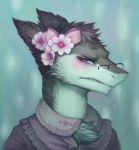  &lt;3 angry anthro blue_eyes blush bow chest_tuft clothed clothing coat countershading crookedtrees crossdressing cute eyeshadow eyewear flower frown fur girly glasses grey_fur hi_res lark makeup male mammal plant ribbons sergal simple_background snow solo teeth tuft white_fur 