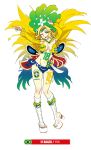  2018_fifa_world_cup ;d armpits brazil brazilian brazilian_flag breasts cleavage daibajoujisan detached_sleeves earrings full_body green_eyes jewelry looking_at_viewer medium_breasts midriff navel nike number one_eye_closed open_mouth open_toe_boots platform_footwear platform_heels samba simple_background smile soccer solo sword typo weapon white_background white_footwear world_cup 
