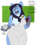  2018 blue_fur bracelet casual_nudity clothing dreadlocks english_text eyes_closed facial_piercing feline female food fruit fur grapes jewelry lion mammal nipple_piercing nipples nose_piercing open_mouth os piercing text toga wine_glass 