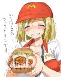  1girl 774_(nanashi) areolae bite_mark blonde_hair blood blush bread breast_grab breast_hold breast_slip breasts bruise cleavage collarbone crying eyes_closed food fruit grabbing guro gynophagia hair_bun hamburger injury large_areolae large_breasts lettuce mayonnaise mcdonald&#039;s one_breast_out open_clothes open_shirt orange_hair shirt short_hair solo stream sweat tears teeth translation_request unbuttoned unbuttoned_shirt uniform 